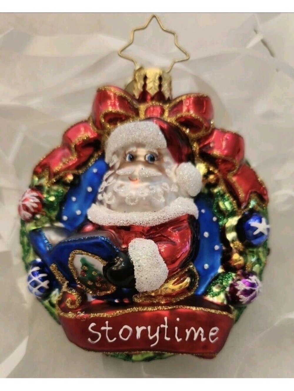 Christopher Radko Glass Ornament Santa's Story Time  2-sided w/wreath, Full-size